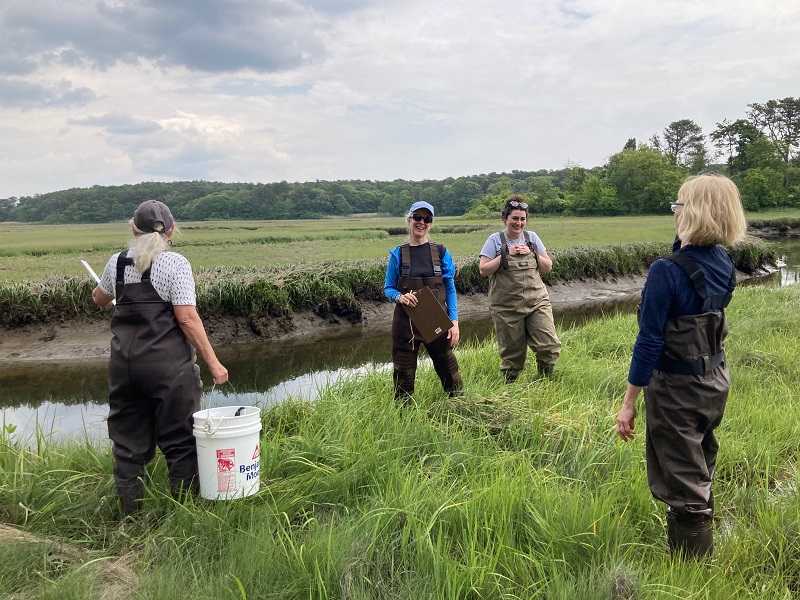 DCLT volunteers monitor water quality surrounded by saltmarsh on Chase Garden Creek.