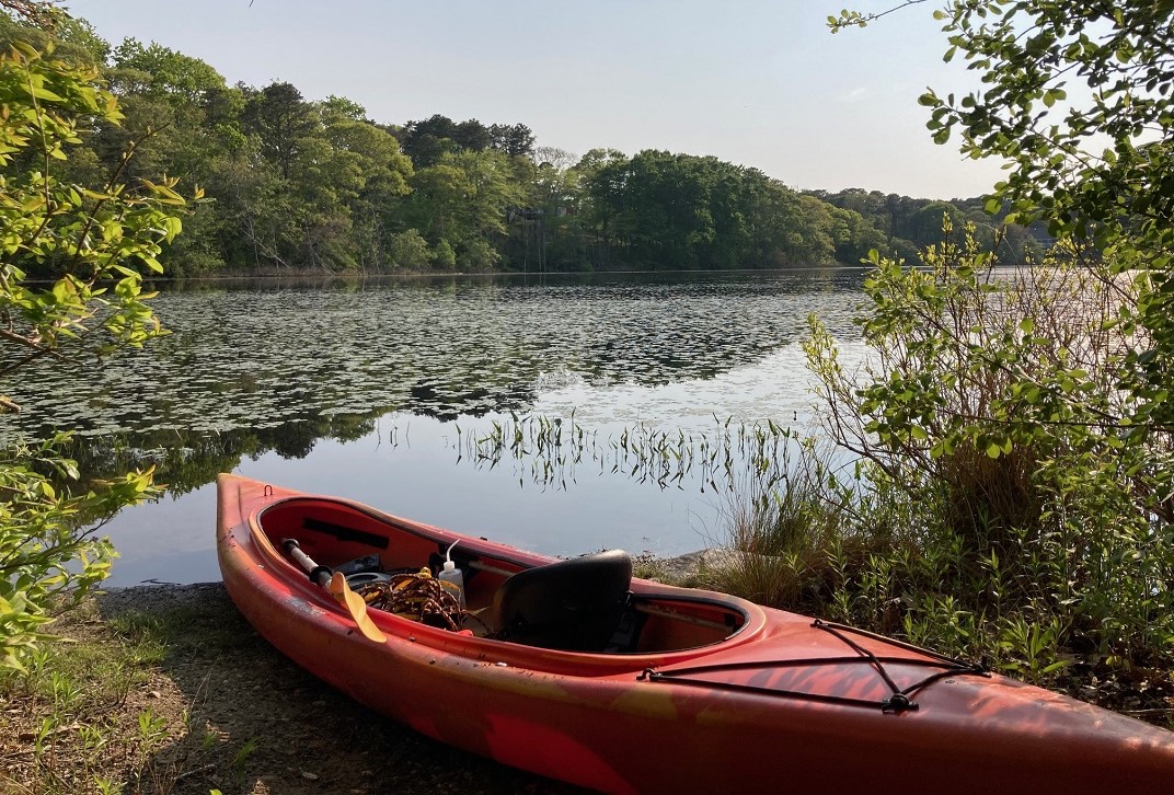 kayak sits on the shoreline of cedar pond