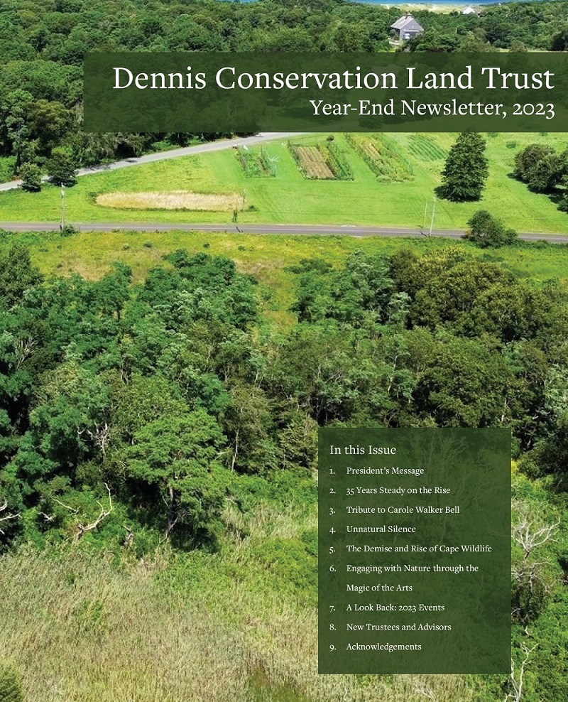 Cover of the 2023 Year-End Newsletter, showing a drone photo of Sesuit Neck and the Table of Contents